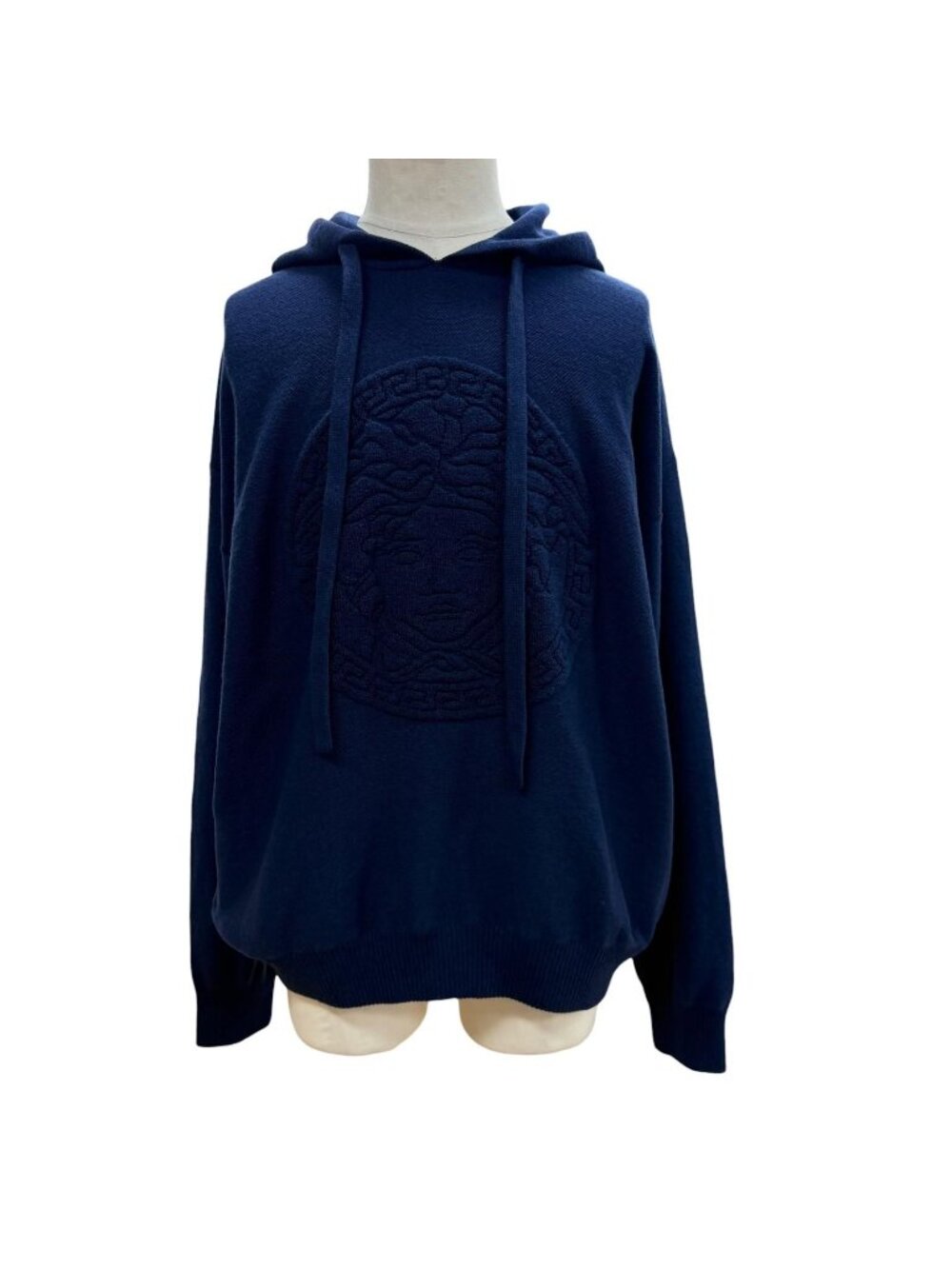 Versace Wool Cashmere Medusa Knit Hoodie Pullover Sweater Blue